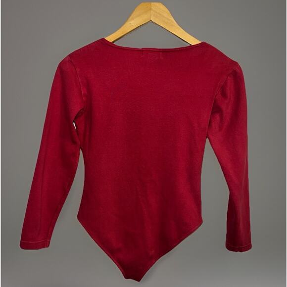 Vtg One Step Up Bodysuit Leotard - Red - Long Sleeve Gathered Shoulder - Size S - Picture 5 of 10